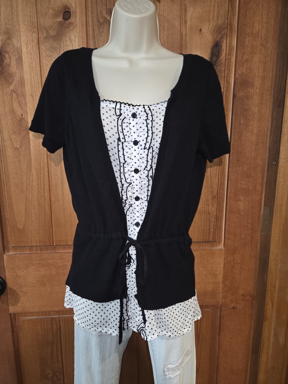AB Studio Black Short Sleeve Cardigan with White Polka Dot Inset